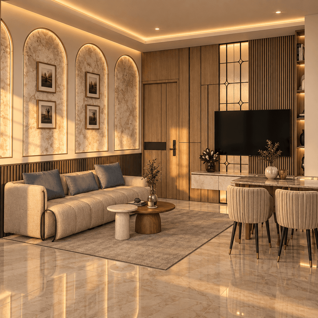Photorealistic living and dining room render