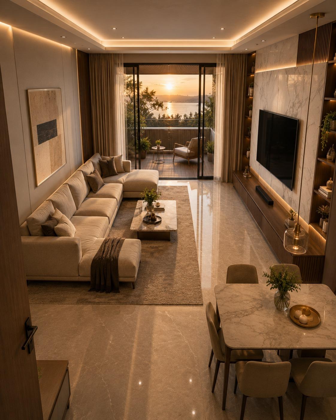 Photorealistic living room render with a sunset balcony view