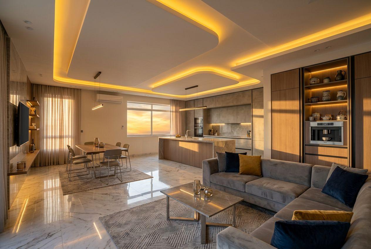 Photorealistic open-plan kitchen and living room with consistent geometry